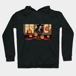 A Skeleton Woman Surrounded by Halloween Pumpkins Hoodie